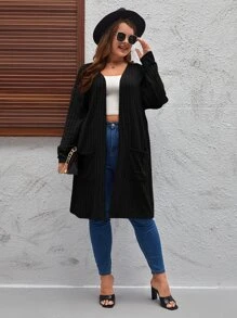 SHEIN LUNE Plus Dual Pocket Drop Shoulder Open Front Coat - Black - View 3