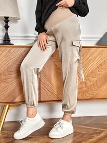 SHEIN 孕婦寬腰帶翻蓋口袋工裝褲