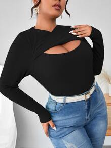 SHEIN Privé Plus Cut Out Front Tee - Black - View 5