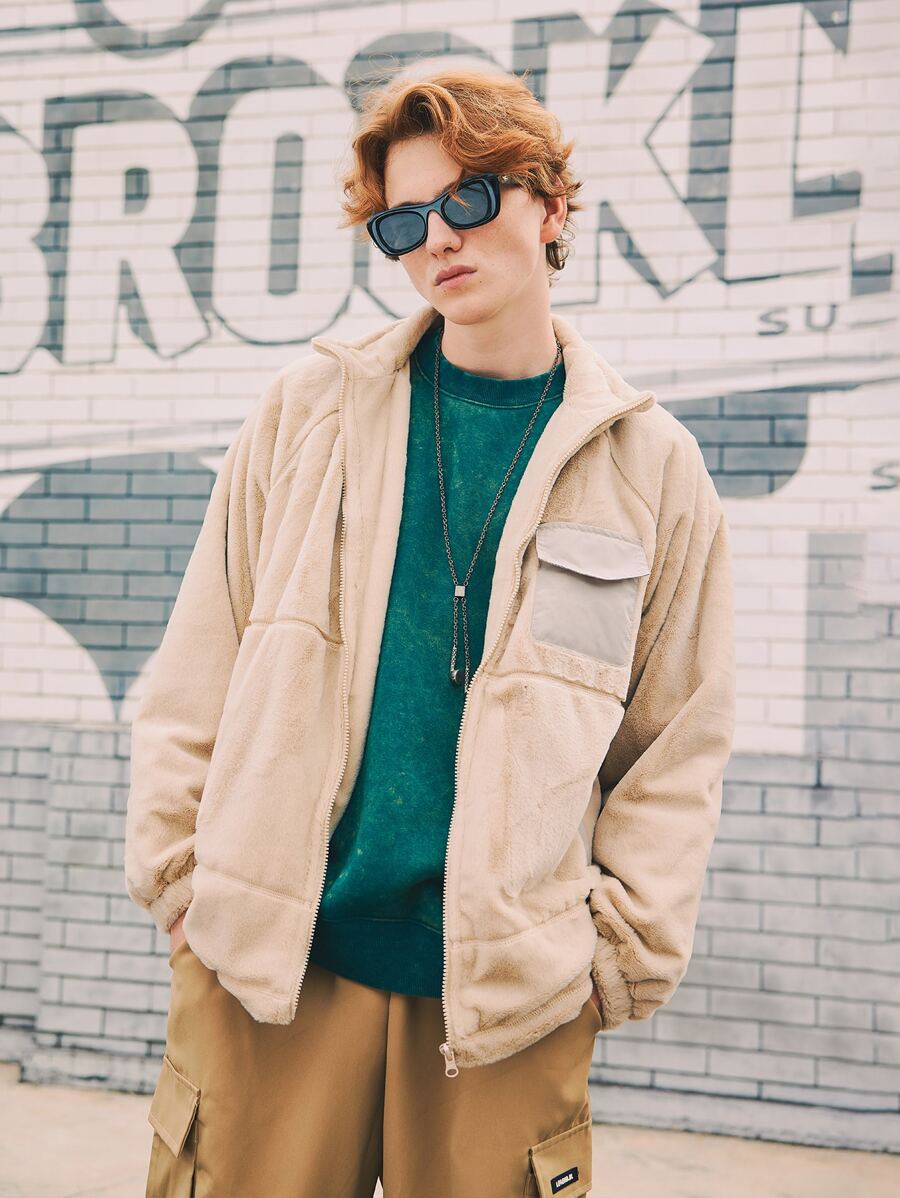 INFLATION Men Flap Pocket Zip Up Hooded Teddy Jacket - Khaki - View 1