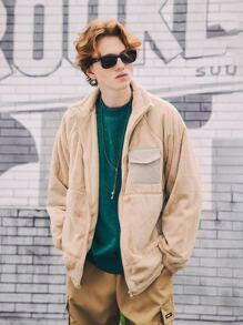 INFLATION Men Flap Pocket Zip Up Hooded Teddy Jacket - Khaki - View 4