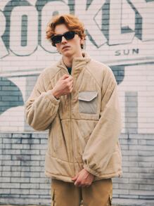 INFLATION Men Flap Pocket Zip Up Hooded Teddy Jacket - Khaki - View 5