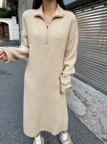 DAZY 拉鏈細節落肩袖毛衣裙 - 杏色 - 查看 11