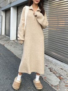 DAZY 拉鏈細節落肩袖毛衣裙 - 杏色 - 查看 8