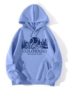 SHEIN EZwear Letter Graphic Kangaroo Pocket Drawstring Thermal Hoodie - Blue - View 1