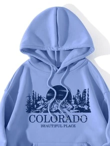 SHEIN EZwear Letter Graphic Kangaroo Pocket Drawstring Thermal Hoodie - Blue - View 3