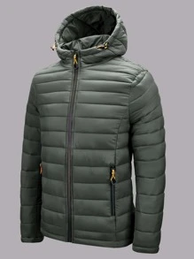 Men Zip Pocket Drawstring Hooded Padded Coat - Army Green - View 1