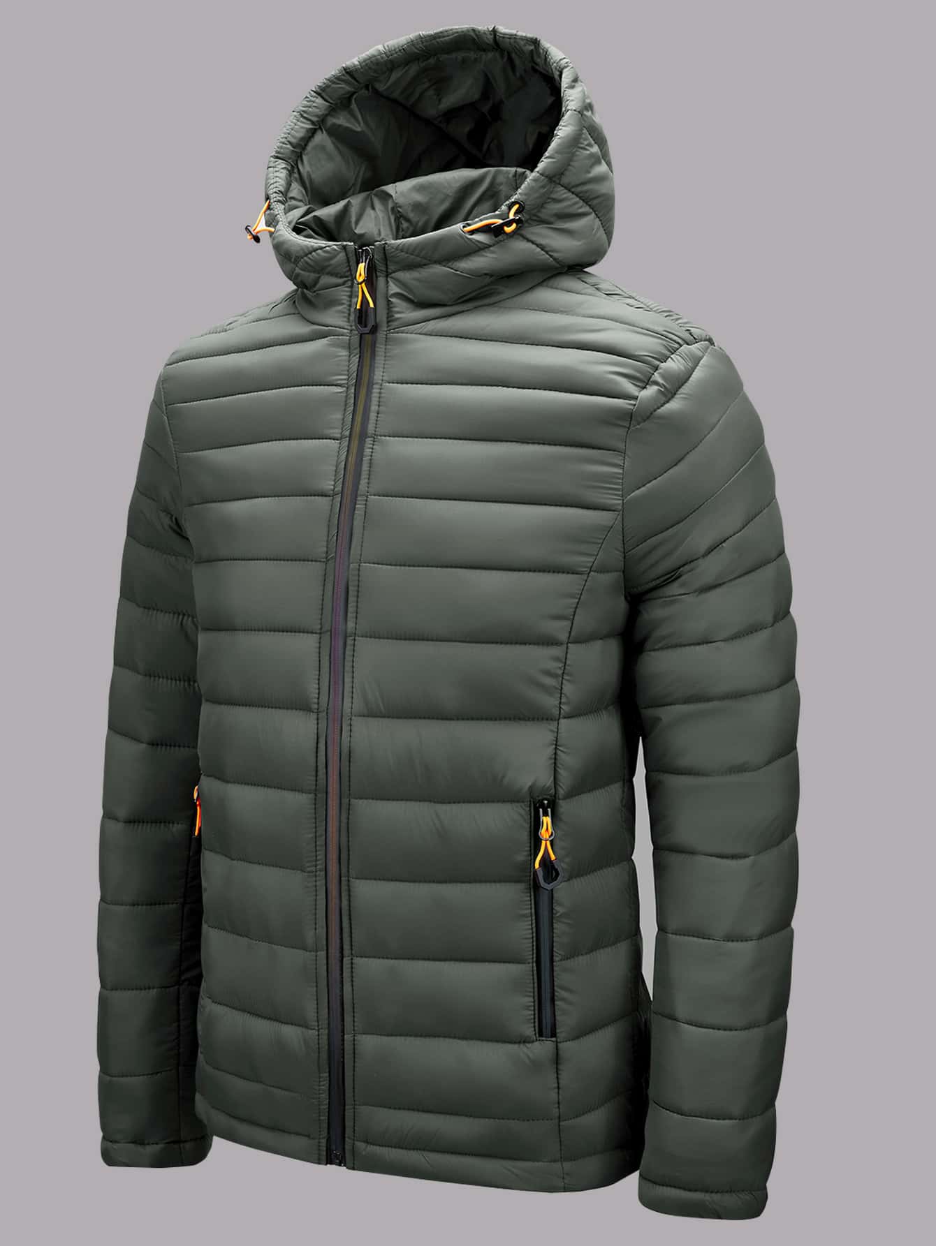 Men Zip Pocket Drawstring Hooded Padded Coat - Army Green - View 1