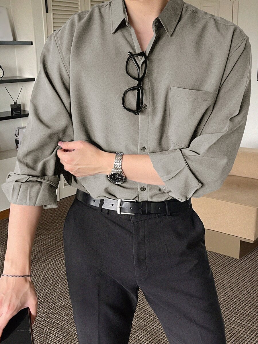 DAZY Men Solid Pocket Patched Shirt Business Attire - Army Green - View 1