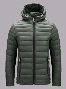 Men Zip Pocket Drawstring Hooded Padded Coat - Army Green - View 6