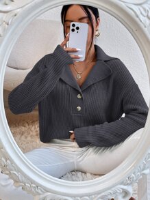 SHEIN Unity Jersey de cuello con solapa de hombros caídos - Gris Oscuro - Ver 1