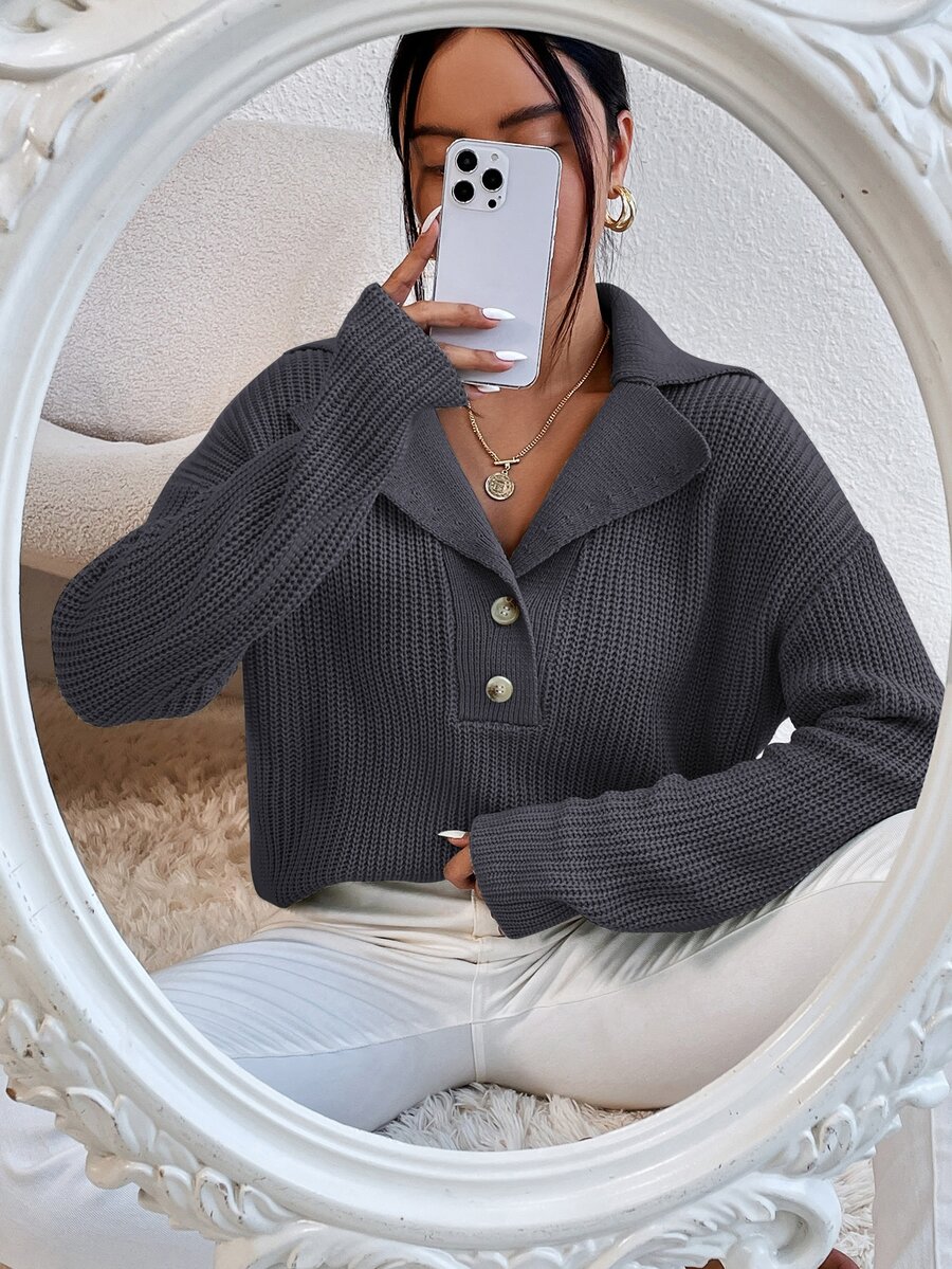 SHEIN Unity Jersey de cuello con solapa de hombros caídos - Gris Oscuro - Ver 1