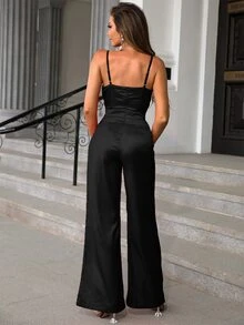 Joyfunear Solid Surplice Front Cami Jumpsuit - Black - View 2