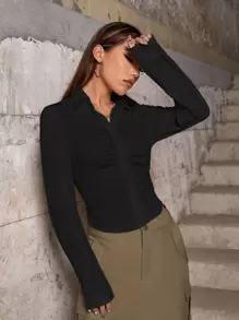 SHEIN EZwear Camisa unicolor fruncido con botón delantero - Negro - Ver 4