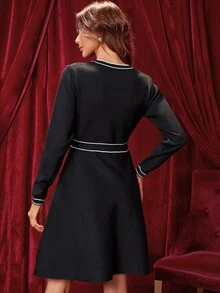 Knit Mix Tương phản Binding Button phía trước Áo len trang trọng - màu đen - Xem 2