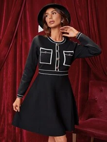 Knit Mix Tương phản Binding Button phía trước Áo len trang trọng - màu đen - Xem 4
