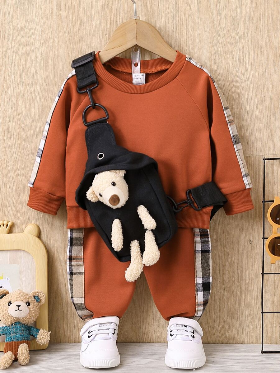 Baby Boy Contrast Plaid Pullover & Joggers & Bag - Rust Brown - View 1