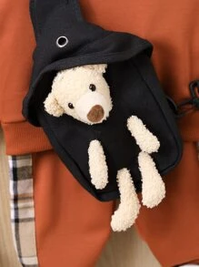 Baby Boy Contrast Plaid Pullover & Joggers & Bag - Rust Brown - View 3