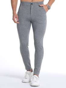 Men Striped Slant Pocket Pants - Grey - View 1