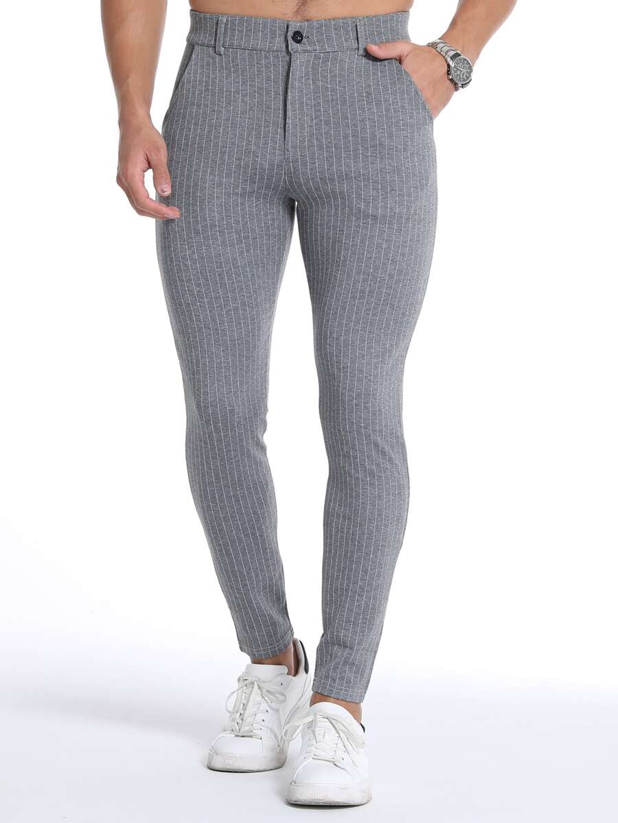 Men Striped Slant Pocket Pants - Grey - View 1