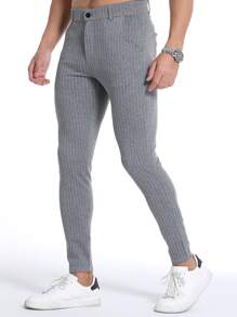 Men Striped Slant Pocket Pants - Grey - View 3