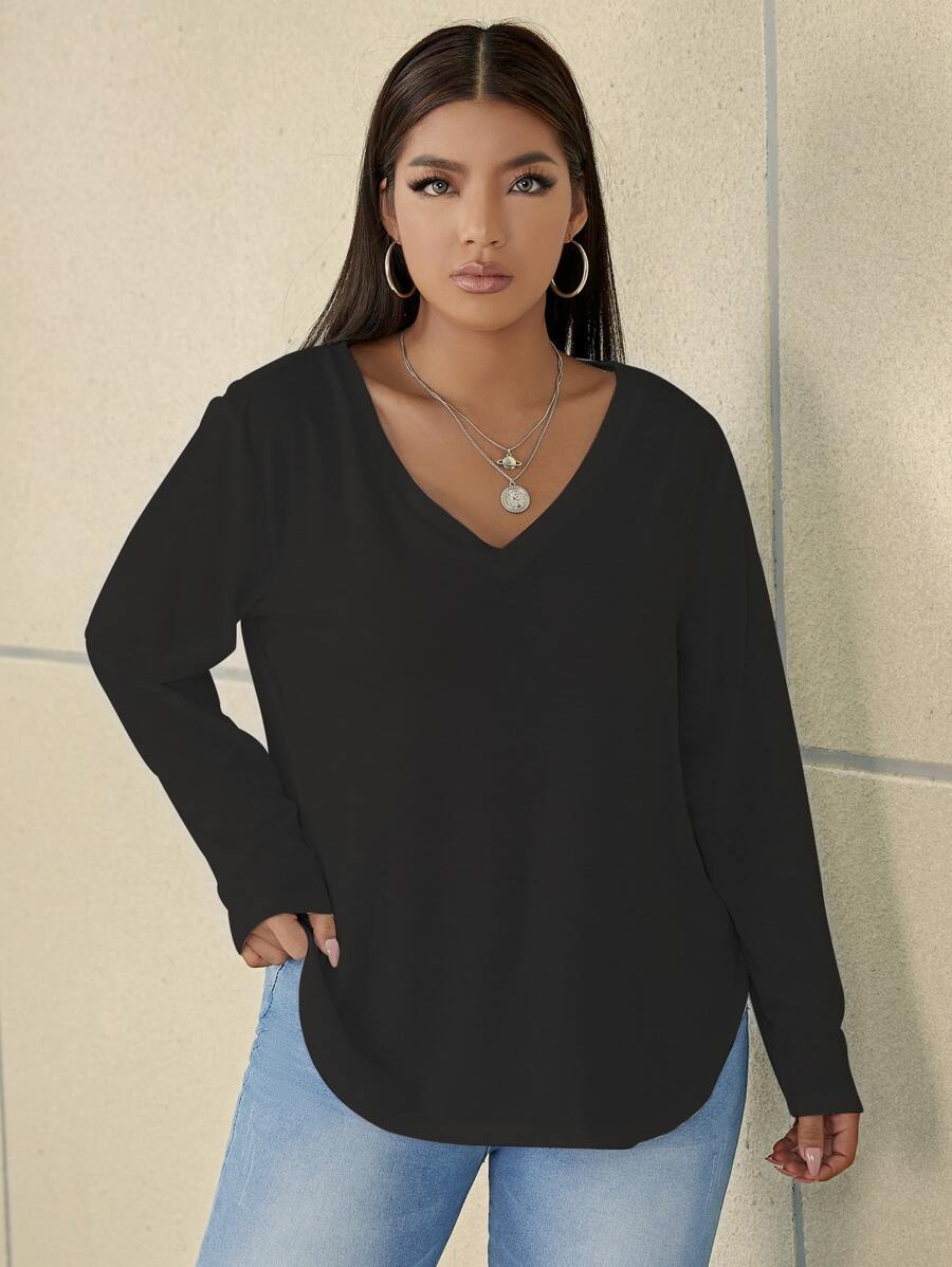 Calvaya Plus Curved Hem V-neck Tee