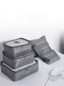 6 Pcs Letter Graphic Travel Packing Storage Bags Set, Set of Different Sizes, Ideal for Organizing Luggage - Grey - View 1