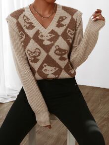 Jersey con rombo & con patrón de dibujos animados - Caqui - Ver 4