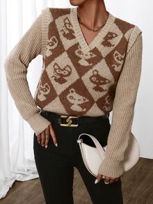 Jersey con rombo & con patrón de dibujos animados - Caqui - Ver 5