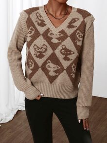 Jersey con rombo & con patrón de dibujos animados - Caqui - Ver 6