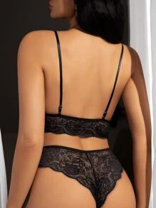 Floral Lace Harness Lingerie Set - màu đen - Xem 2