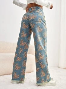 Heart Print Raw Hem Wide Leg Jeans - Medium Wash - View 3