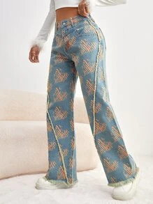 Heart Print Raw Hem Wide Leg Jeans - Medium Wash - View 1