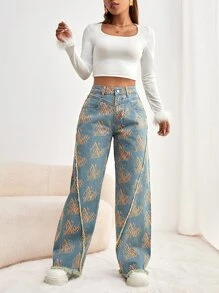 Heart Print Raw Hem Wide Leg Jeans - Medium Wash - View 2
