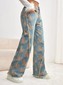Heart Print Raw Hem Wide Leg Jeans - Medium Wash - View 5