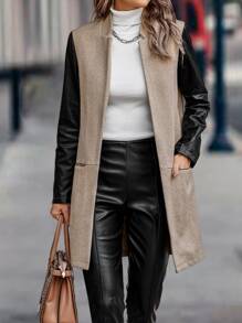 Contrast PU Leather Sleeve Coat - Khaki - View 1