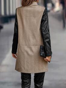 Contrast PU Leather Sleeve Coat - Khaki - View 2