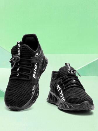 男孩字母細節織物前綁帶運動鞋黑色