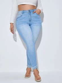 SHEIN Essnce Hơn Quần jean ôm Cuộn lên Hem - Rửa nhẹ - Xem 1