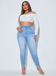 SHEIN Essnce Hơn Quần jean ôm Cuộn lên Hem - Rửa nhẹ - Xem 3