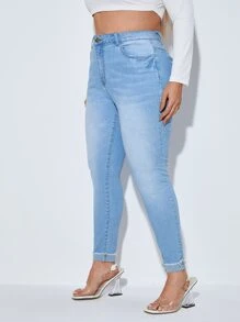 SHEIN Essnce Hơn Quần jean ôm Cuộn lên Hem - Rửa nhẹ - Xem 4