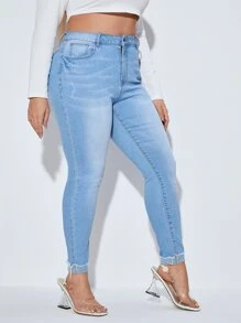 SHEIN Essnce Hơn Quần jean ôm Cuộn lên Hem - Rửa nhẹ - Xem 5
