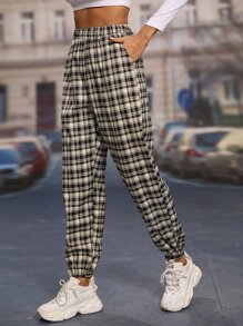 Plaid Elastic Waist Trousers - Khaki - View 1