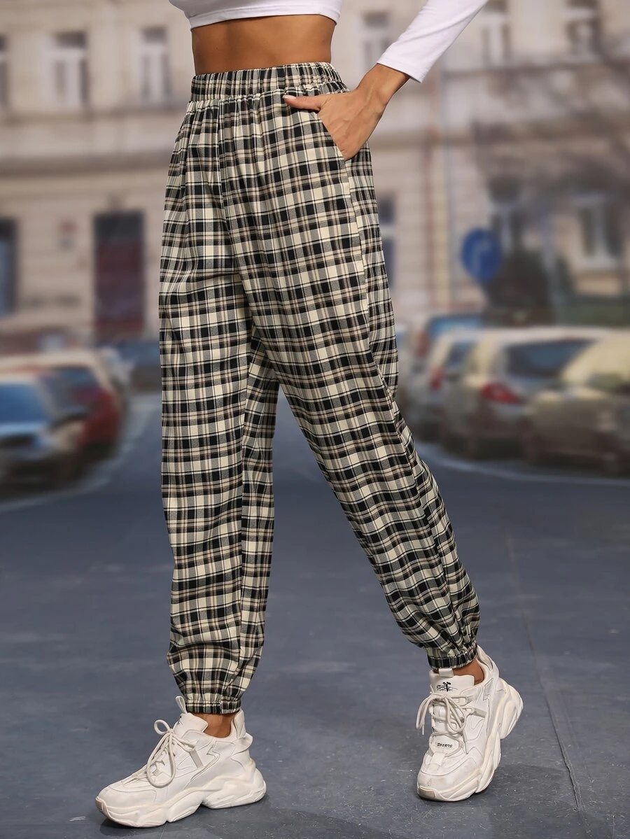 Plaid Elastic Waist Trousers - Khaki - View 1