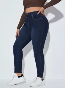 SHEIN Essnce 大碼緊身牛仔褲 - 深色水洗藍 - 查看 1