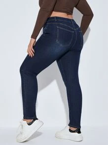 SHEIN Essnce 大碼緊身牛仔褲 - 深色水洗藍 - 查看 2