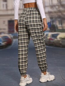 Plaid Elastic Waist Trousers - Khaki - View 2