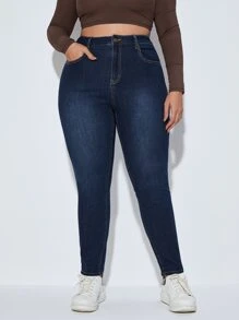 SHEIN Essnce 大碼緊身牛仔褲 - 深色水洗藍 - 查看 4