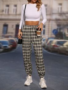 Plaid Elastic Waist Trousers - Khaki - View 5