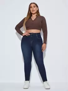 SHEIN Essnce 大碼緊身牛仔褲 - 深色水洗藍 - 查看 5